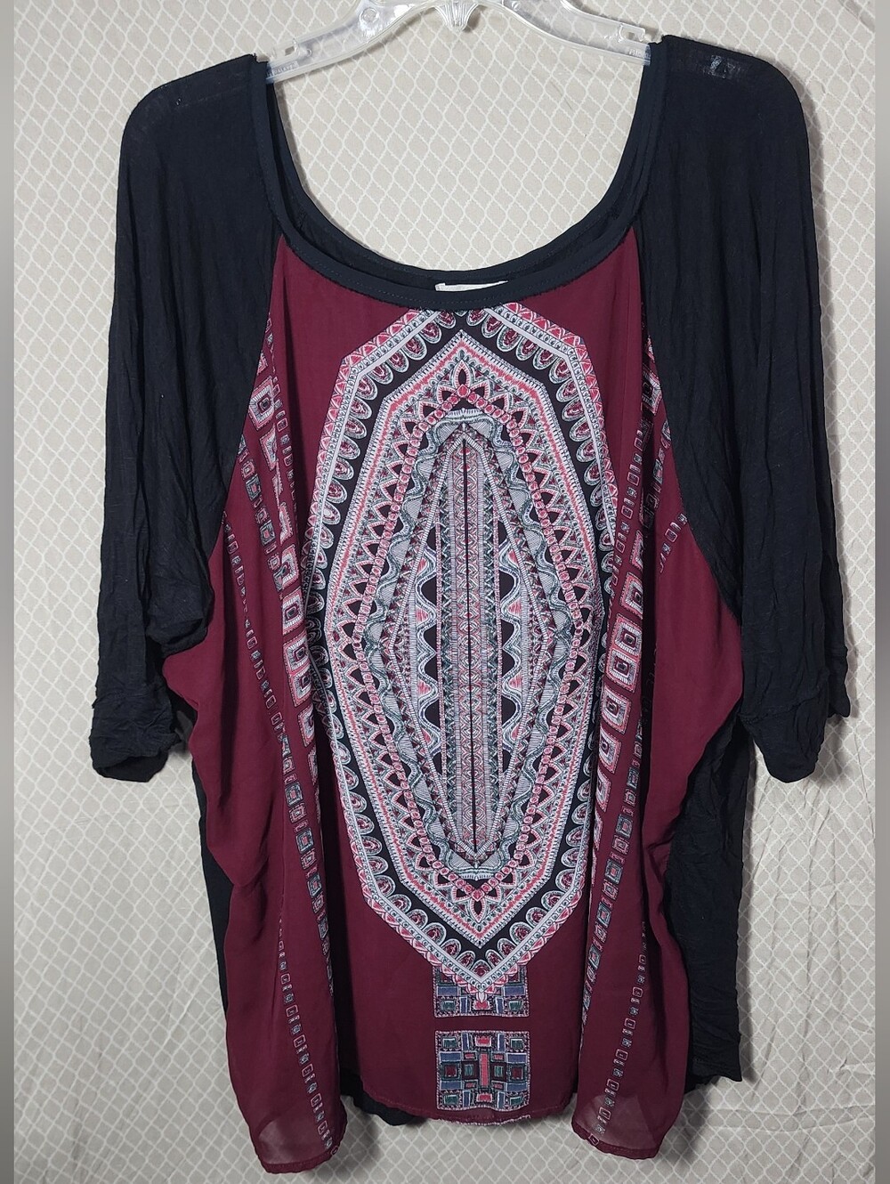 Halo Boho 3/4 Sleeve Burgundy Black Tunic Top Women's 3XL used Great Shape
